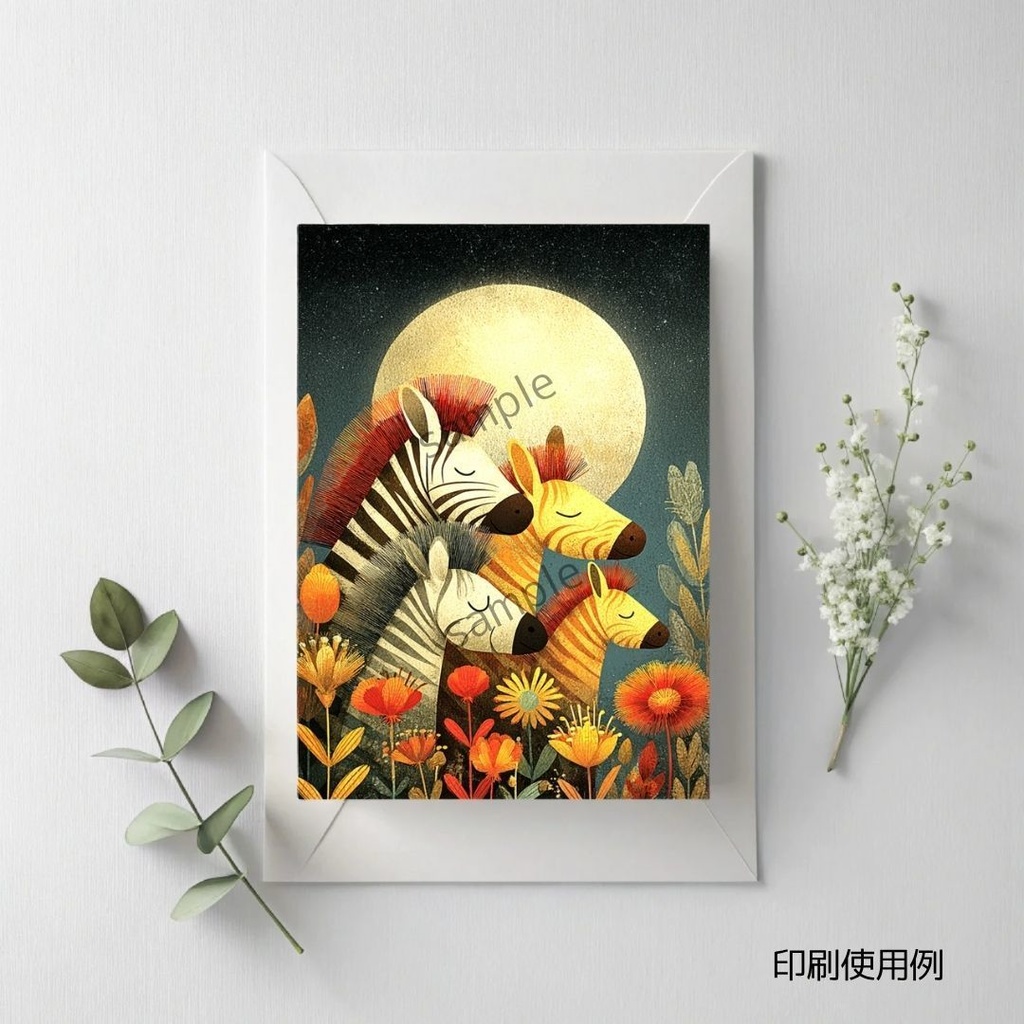 満月を祝うサバンナの仲間たち、印刷可能なポストカードデザイン ver.2
