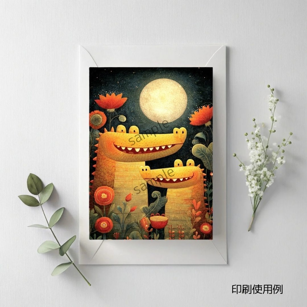満月を祝うサバンナの仲間たち、印刷可能なポストカードデザイン ver.4