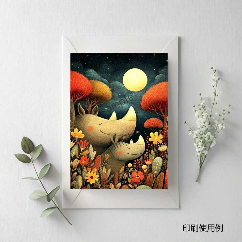 満月を祝うサバンナの仲間たち、印刷可能なポストカードデザイン ver.4