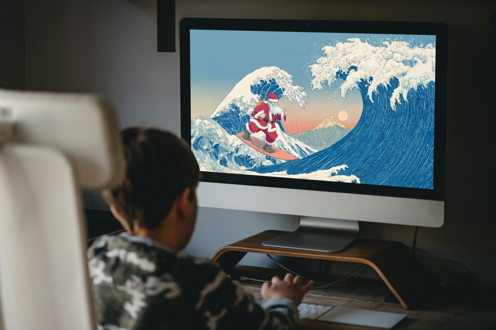 富士山と大波に乗る日本風サンタクロース ― 浮世絵風クリスマスイラスト