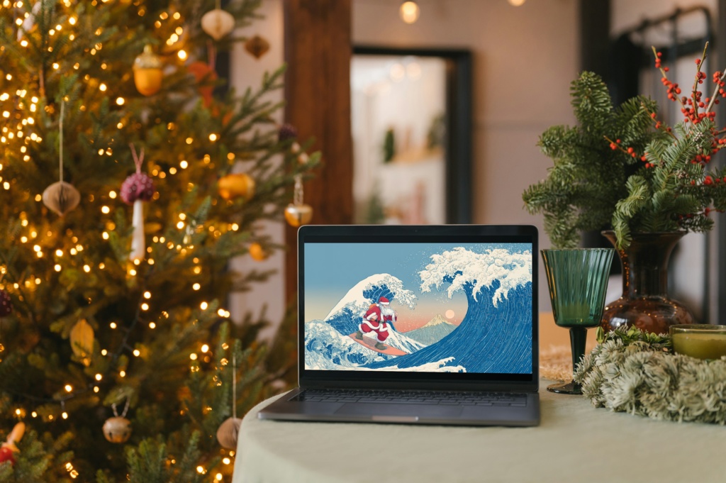 富士山と大波に乗る日本風サンタクロース ― 浮世絵風クリスマスイラスト