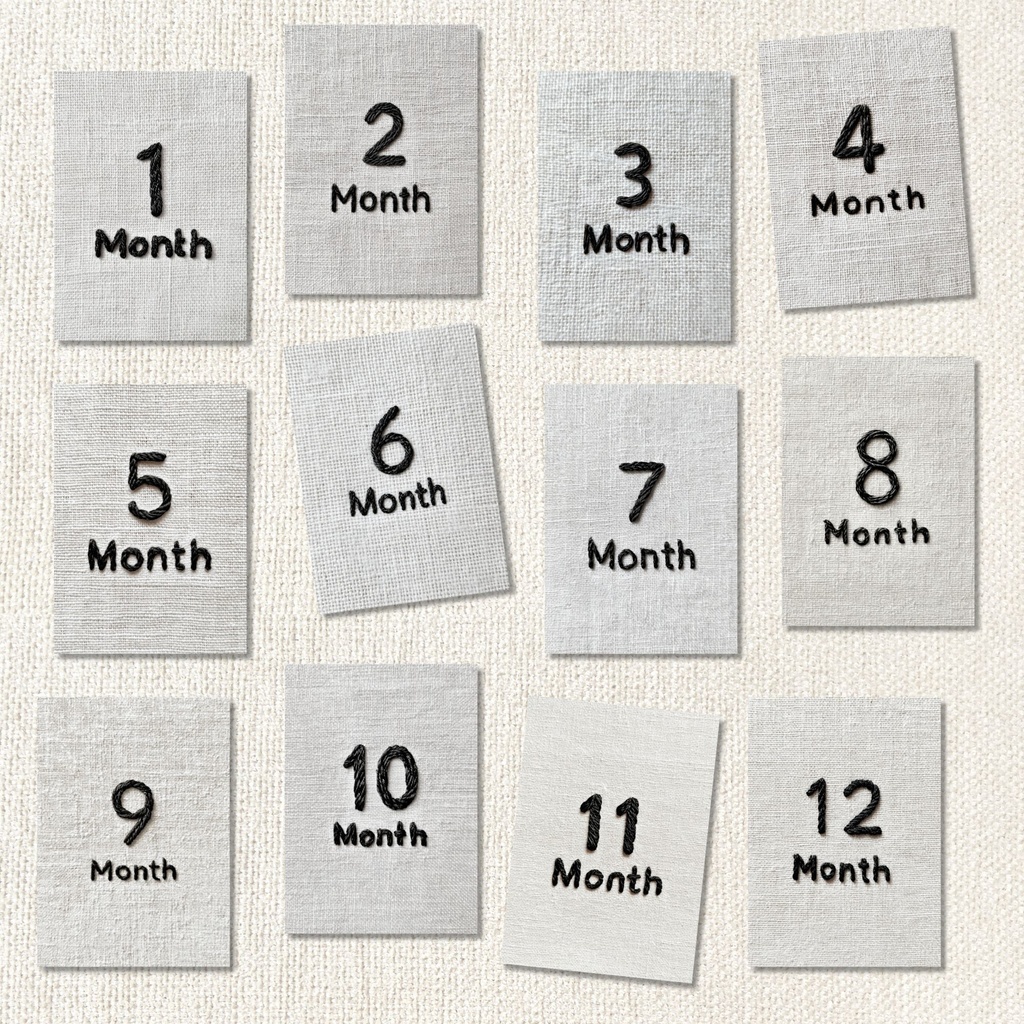 刺繍入りベビーマイルストーンカード、マンスリーカード、ミニマルなリネンの質感、赤ちゃんの成長記録、デジタルダウンロード商品