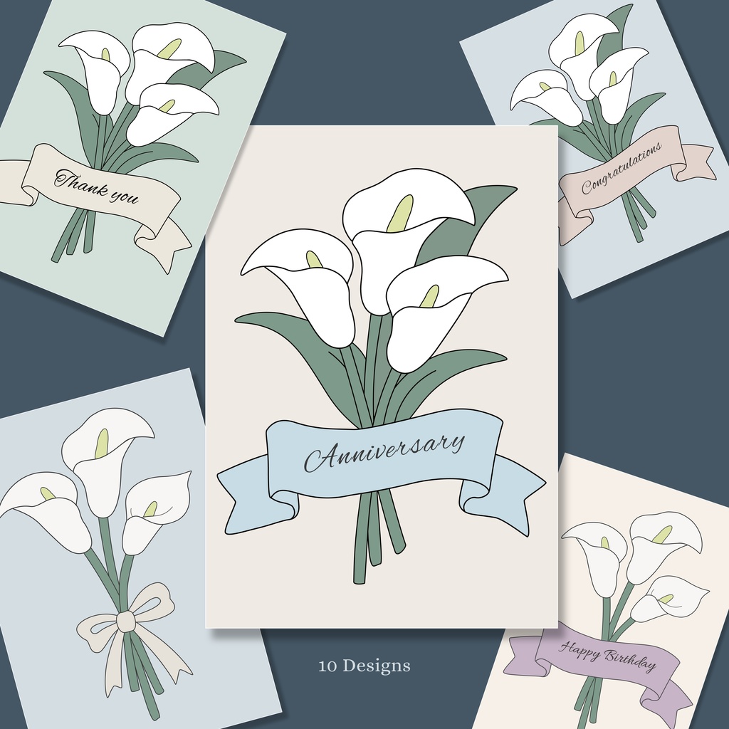 フラワーカードセット（10種）｜ミニマルデザイン・カラーの花束｜印刷用データ（Printable Cards）