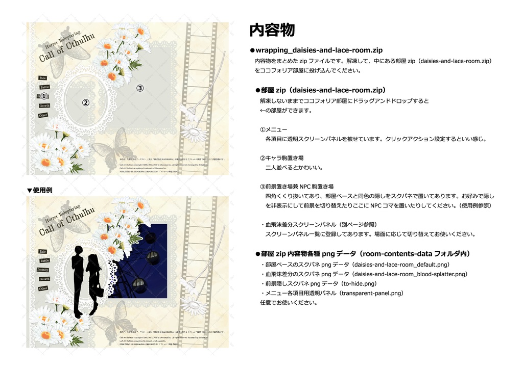 【CoC用】置くだけ簡単ココフォリア部屋zip【ひなぎくとレースの部屋】