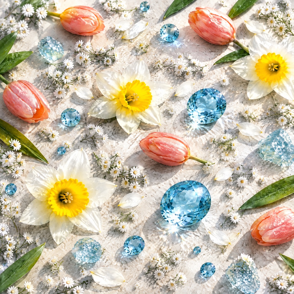 3月誕生日 花と誕生石の背景素材 (デジタルペーパー) March Birthstone Flower Seamless Digital Paper