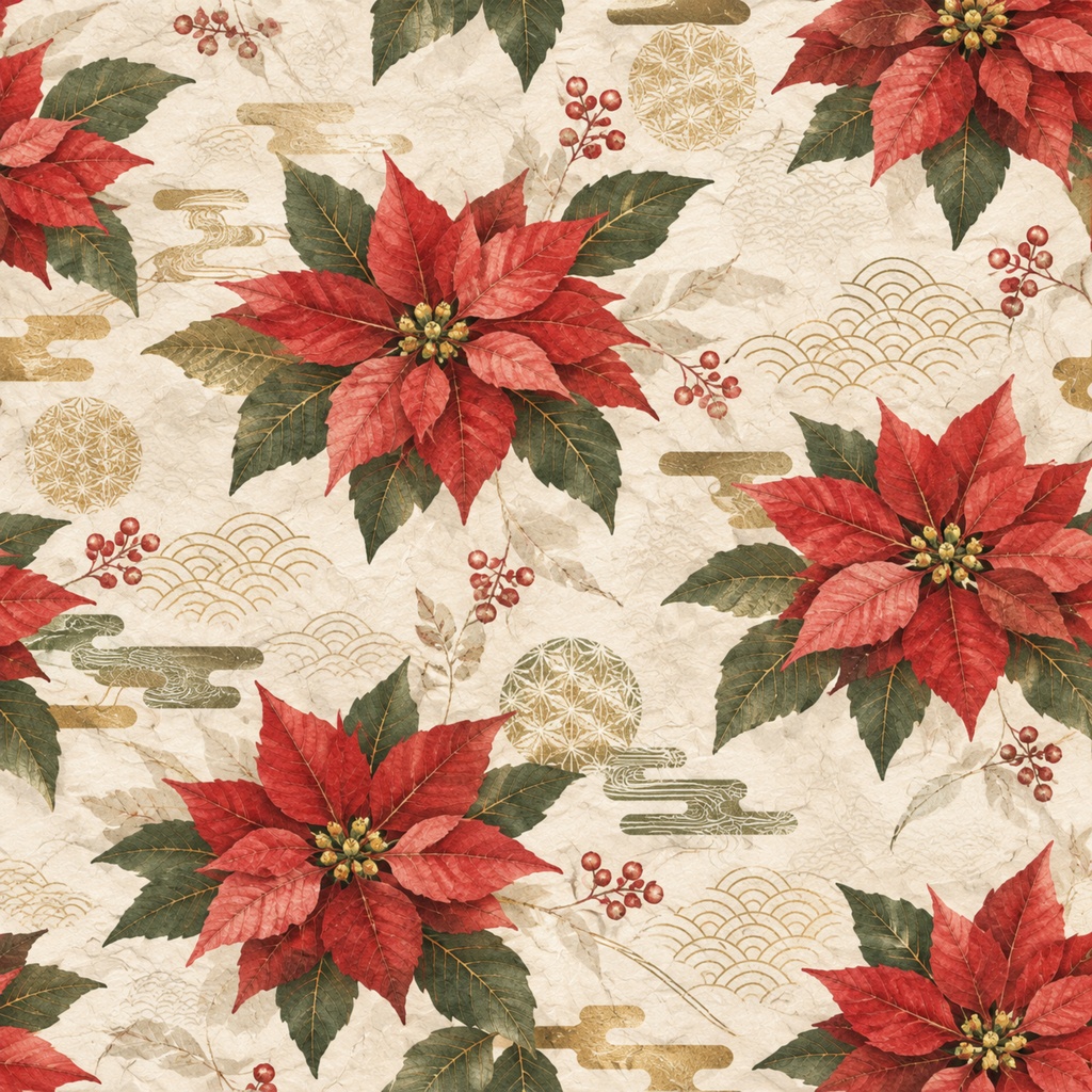 クリスマス・ポインセチア デジタルペーパー|クラシック・和風 Christmas Poinsettia Digital Paper