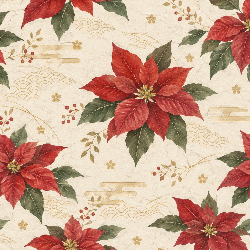 クリスマス・ポインセチア デジタルペーパー|クラシック・和風 Christmas Poinsettia Digital Paper