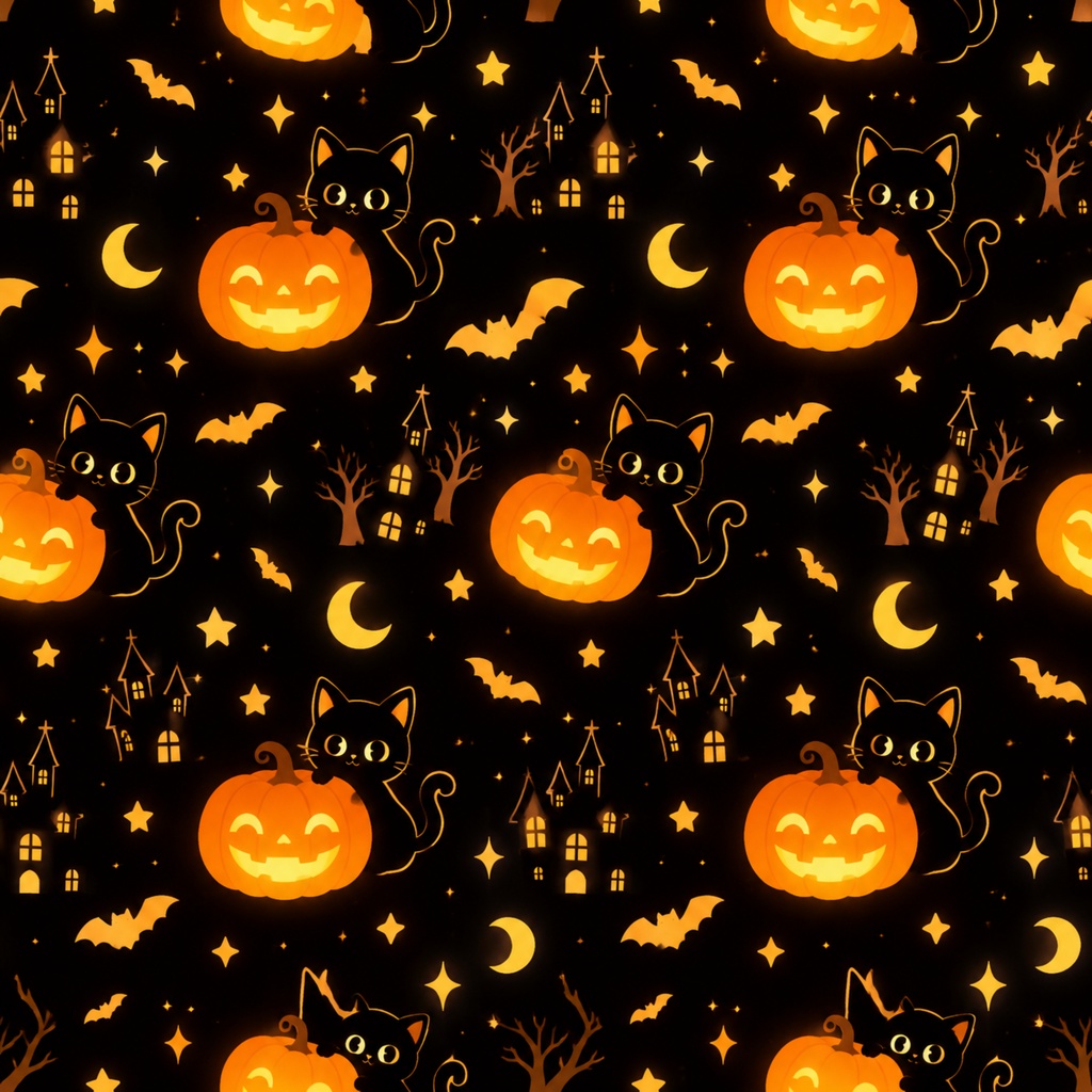 ハロウィン デジタルペーパー かぼちゃ 黒猫 |黒背景 Halloween Digital Paper Jack-o’-lantern and Black cat|Black Background