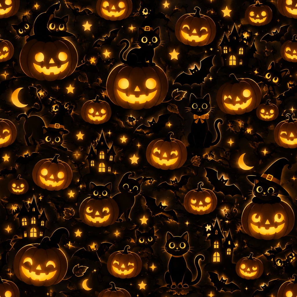 ハロウィン デジタルペーパー かぼちゃ 黒猫 |黒背景 Halloween Digital Paper Jack-o’-lantern and Black cat|Black Background