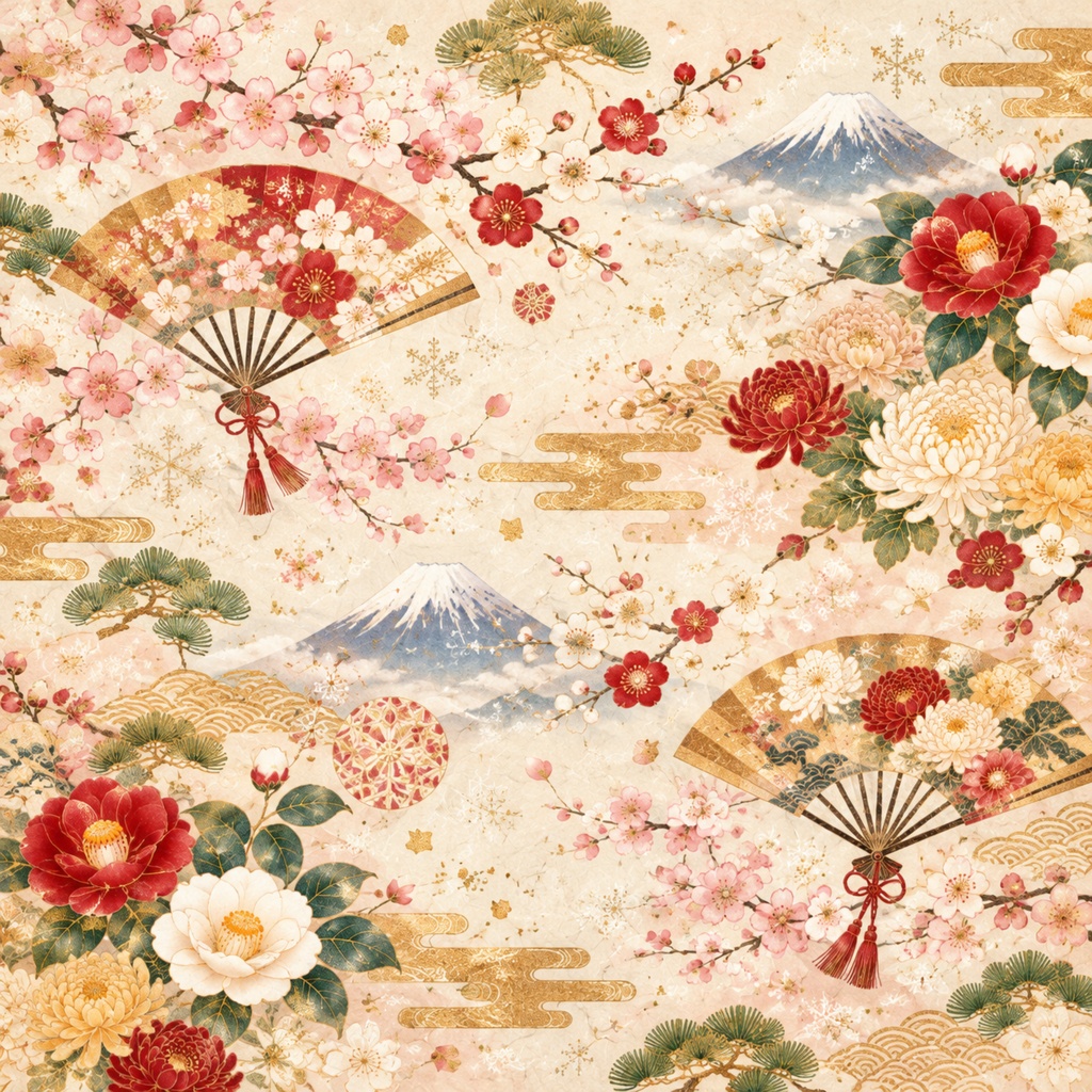 和柄デジタルペーパー|扇と花をちりばめた和紙風 Japanese Pattern Digital Paper with Fans and Blossoms