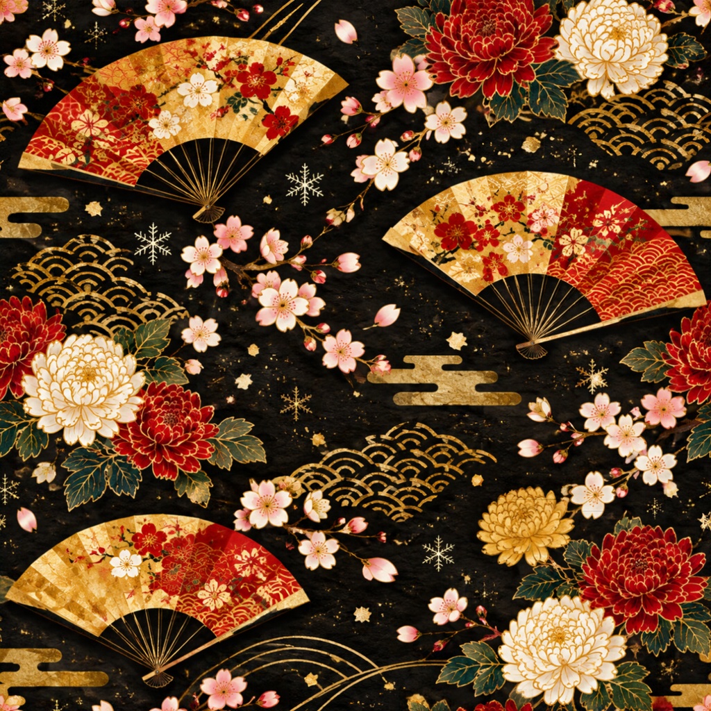 和柄デジタルペーパー|扇と花をちりばめた和紙風 Japanese Pattern Digital Paper with Fans and Blossoms