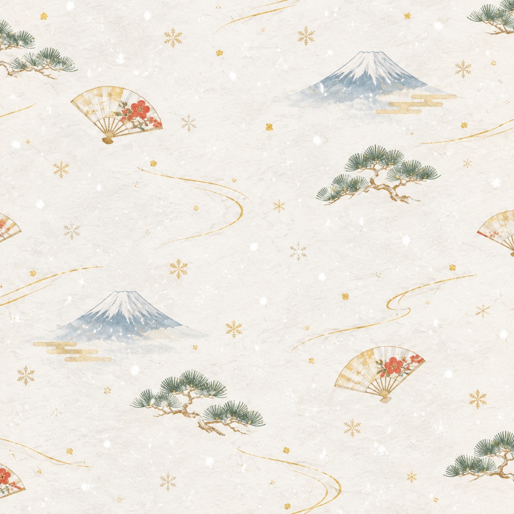和柄デジタルペーパー|扇と花をちりばめた和紙風 Japanese Pattern Digital Paper with Fans and Blossoms