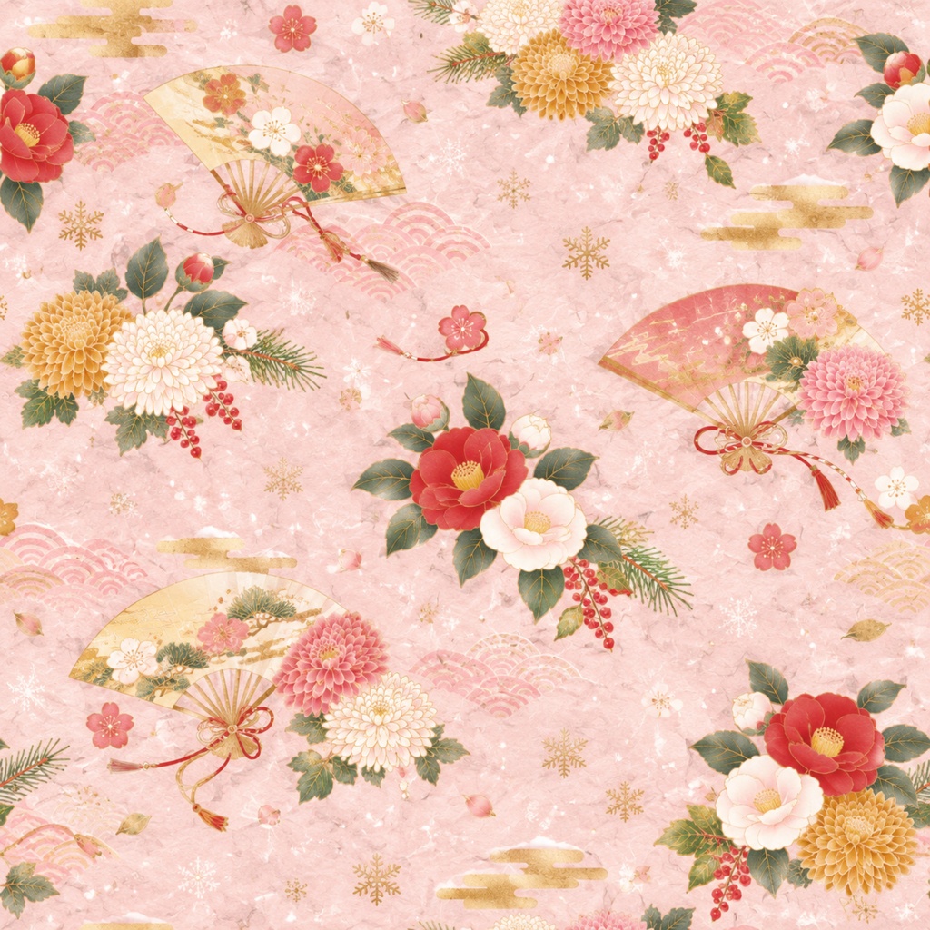 和柄デジタルペーパー|扇と花をちりばめた和紙風 Japanese Pattern Digital Paper with Fans and Blossoms