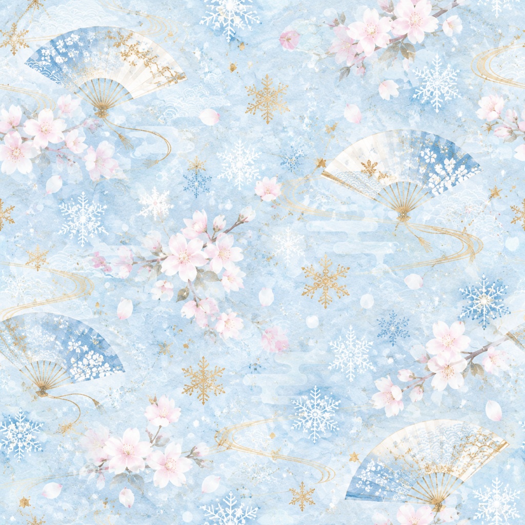 和柄デジタルペーパー|扇と花をちりばめた和紙風 Japanese Pattern Digital Paper with Fans and Blossoms