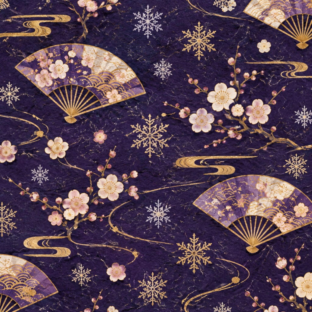和柄デジタルペーパー|扇と花をちりばめた和紙風 Japanese Pattern Digital Paper with Fans and Blossoms
