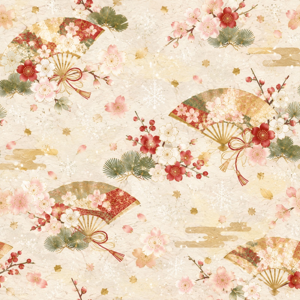 和柄デジタルペーパー|扇と花をちりばめた和紙風 Japanese Pattern Digital Paper with Fans and Blossoms