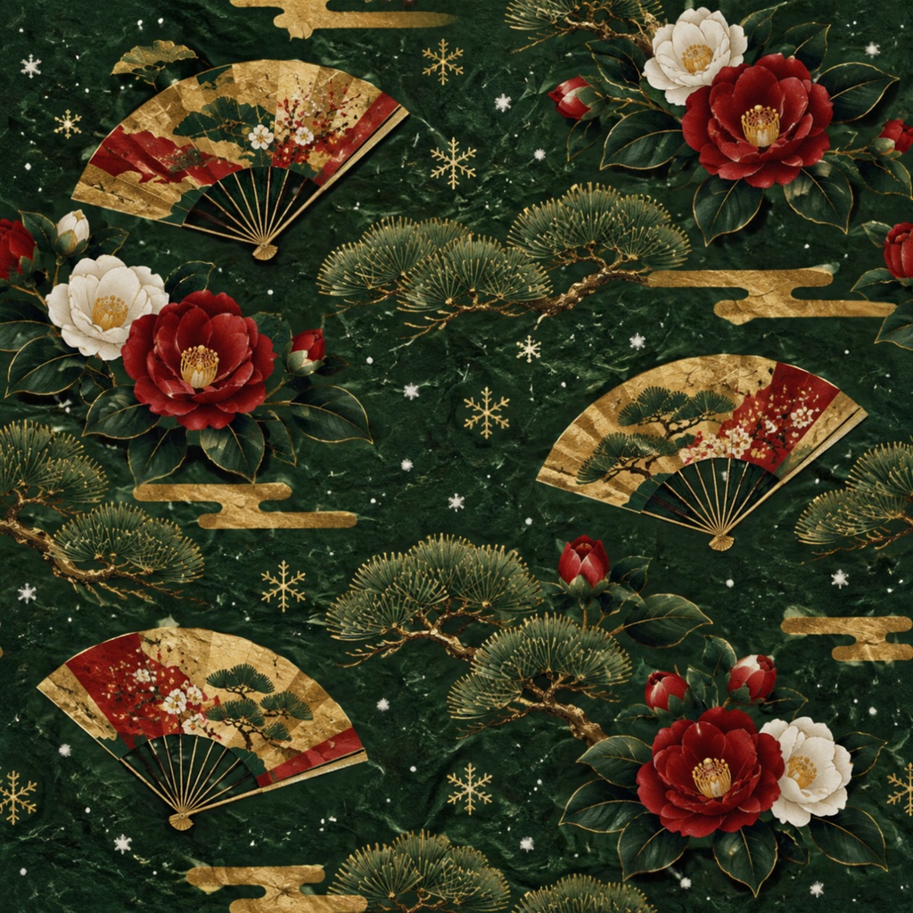 和柄デジタルペーパー|扇と花をちりばめた和紙風 Japanese Pattern Digital Paper with Fans and Blossoms