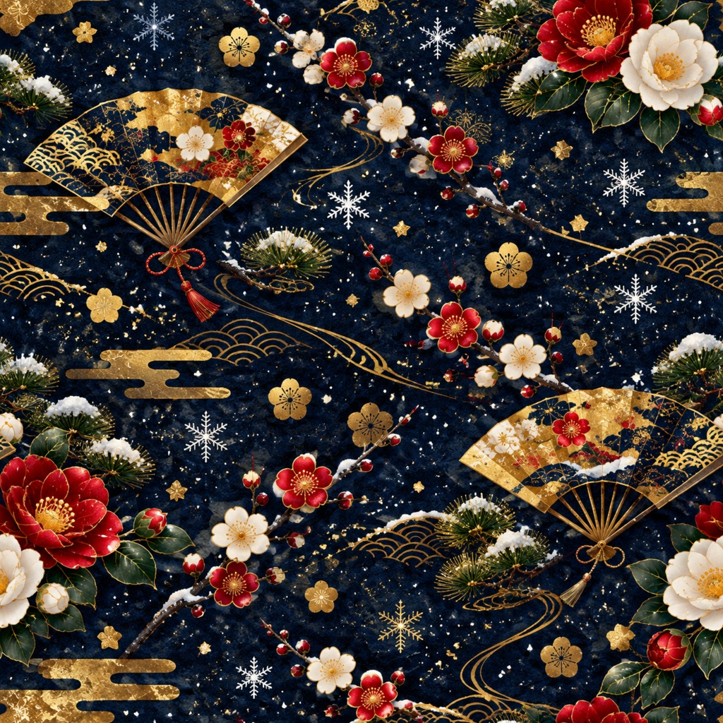 和柄デジタルペーパー|扇と花をちりばめた和紙風 Japanese Pattern Digital Paper with Fans and Blossoms
