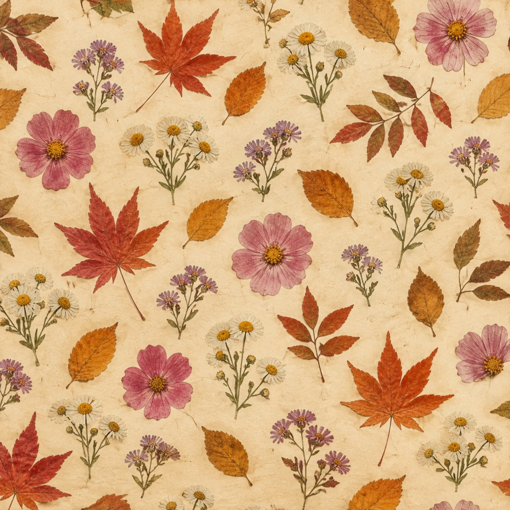 秋の花と葉を散りばめた押し花風デジタルペーパー|アンティーク調 Autumn Botanical Pressed Flower Digital Paper|Antique Style