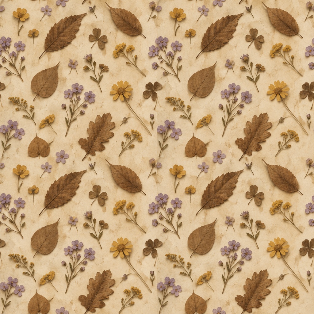 秋の花と葉を散りばめた押し花風デジタルペーパー|アンティーク調 Autumn Botanical Pressed Flower Digital Paper|Antique Style