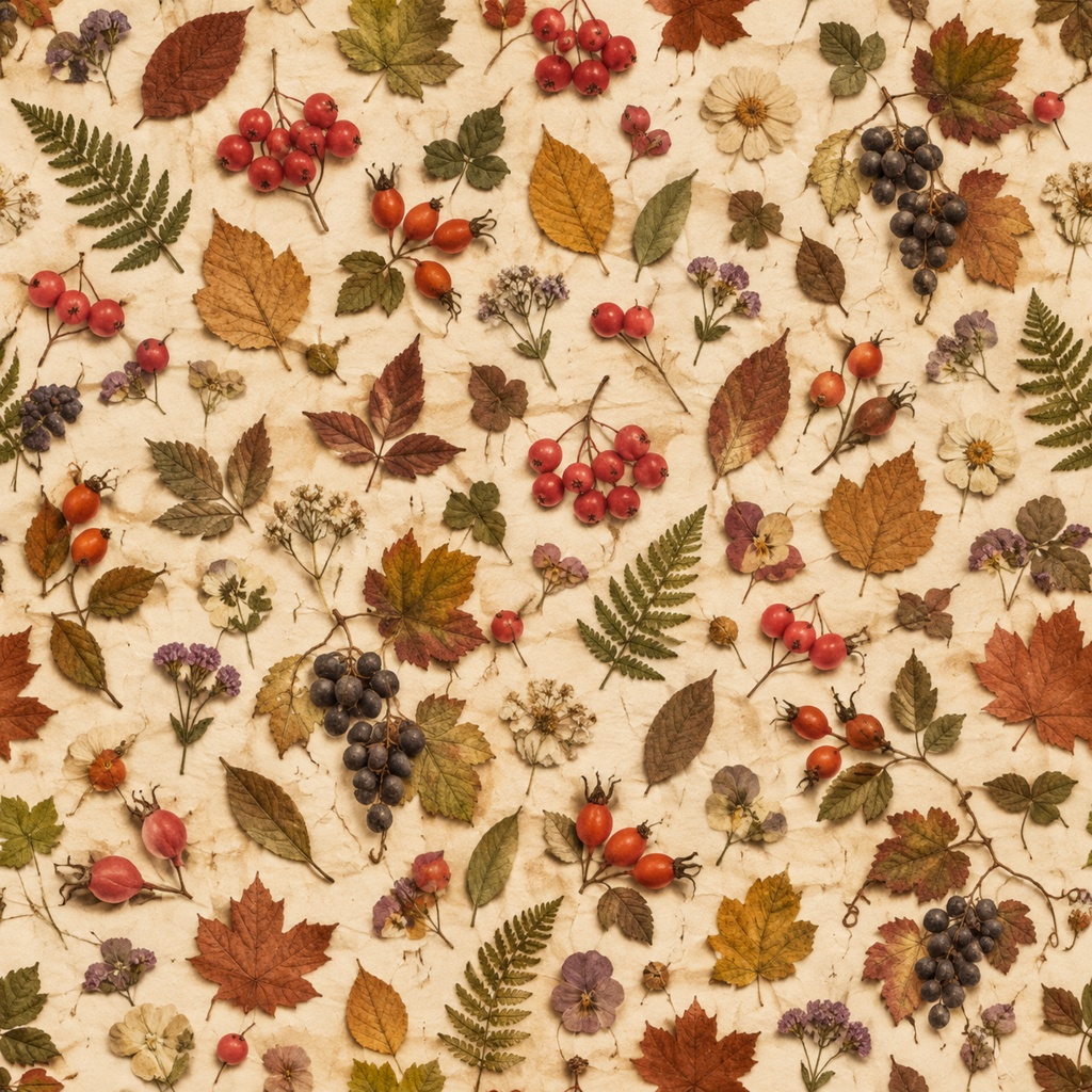 秋の花と葉を散りばめた押し花風デジタルペーパー|アンティーク調 Autumn Botanical Pressed Flower Digital Paper|Antique Style