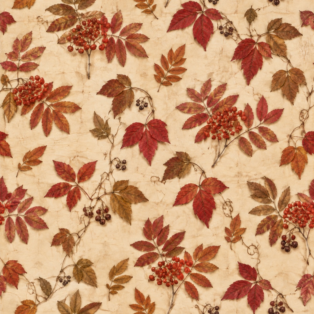 秋の花と葉を散りばめた押し花風デジタルペーパー|アンティーク調 Autumn Botanical Pressed Flower Digital Paper|Antique Style