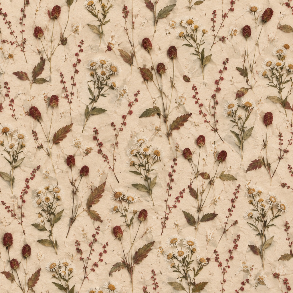秋の花と葉を散りばめた押し花風デジタルペーパー|アンティーク調 Autumn Botanical Pressed Flower Digital Paper|Antique Style