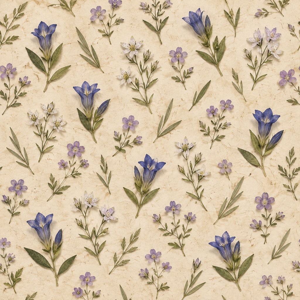 秋の花と葉を散りばめた押し花風デジタルペーパー|アンティーク調 Autumn Botanical Pressed Flower Digital Paper|Antique Style
