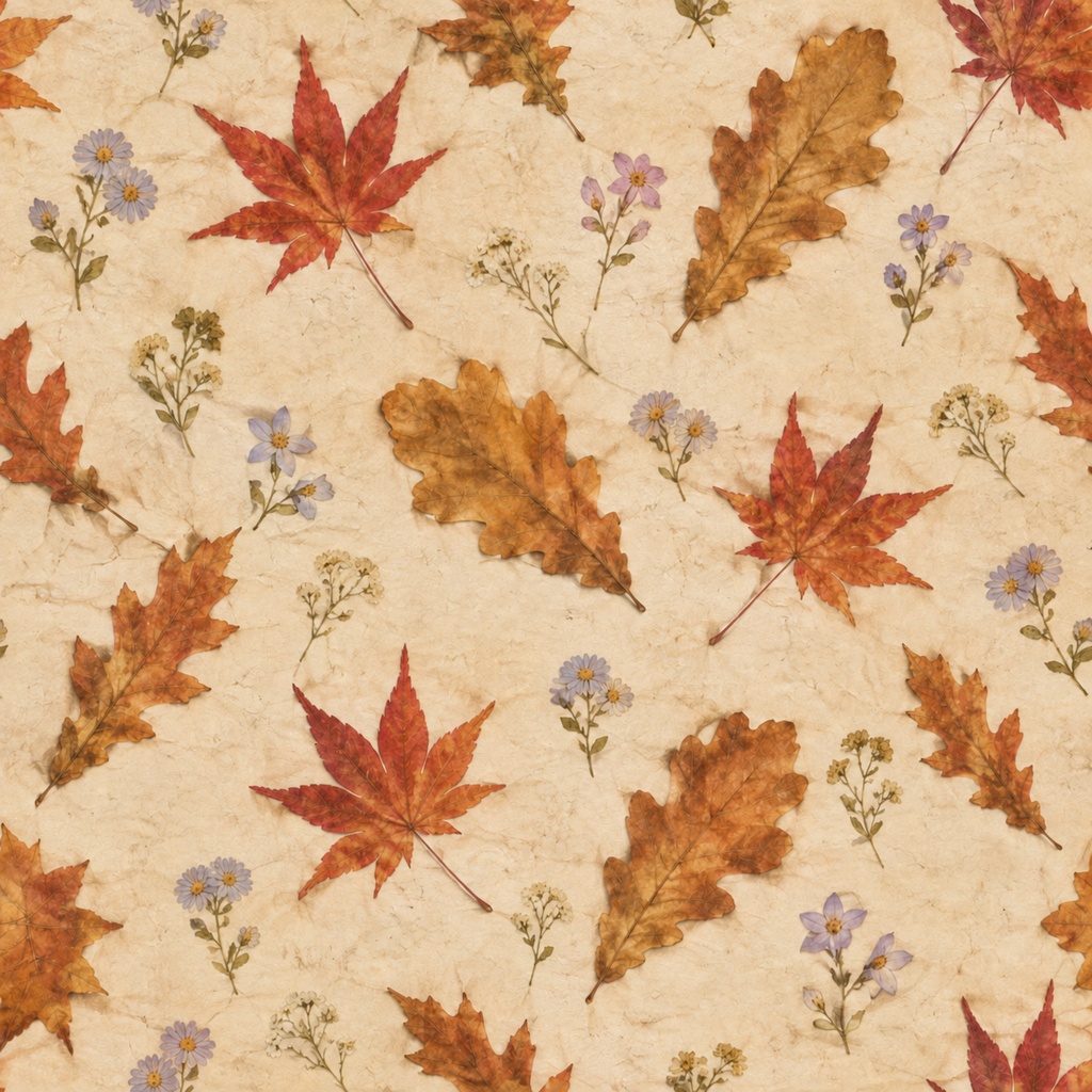 秋の花と葉を散りばめた押し花風デジタルペーパー|アンティーク調 Autumn Botanical Pressed Flower Digital Paper|Antique Style