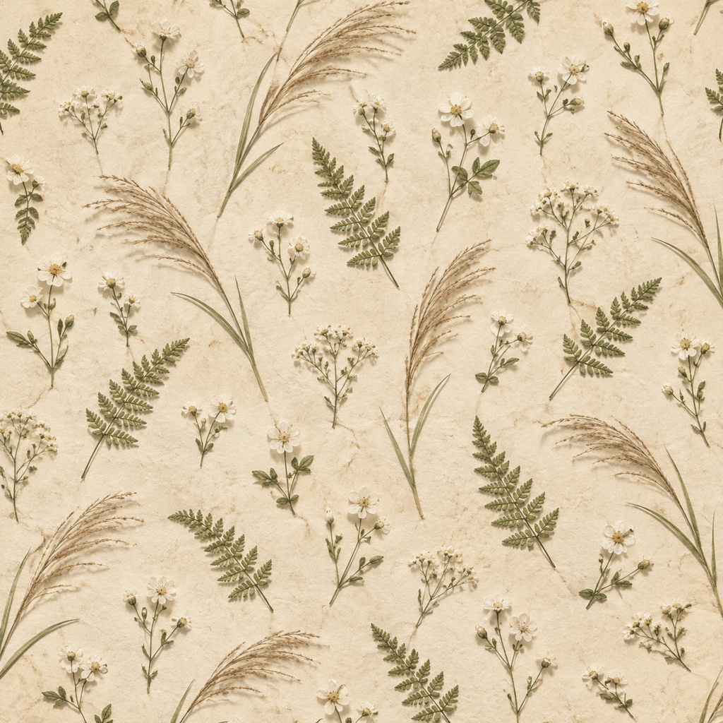 秋の花と葉を散りばめた押し花風デジタルペーパー|アンティーク調 Autumn Botanical Pressed Flower Digital Paper|Antique Style
