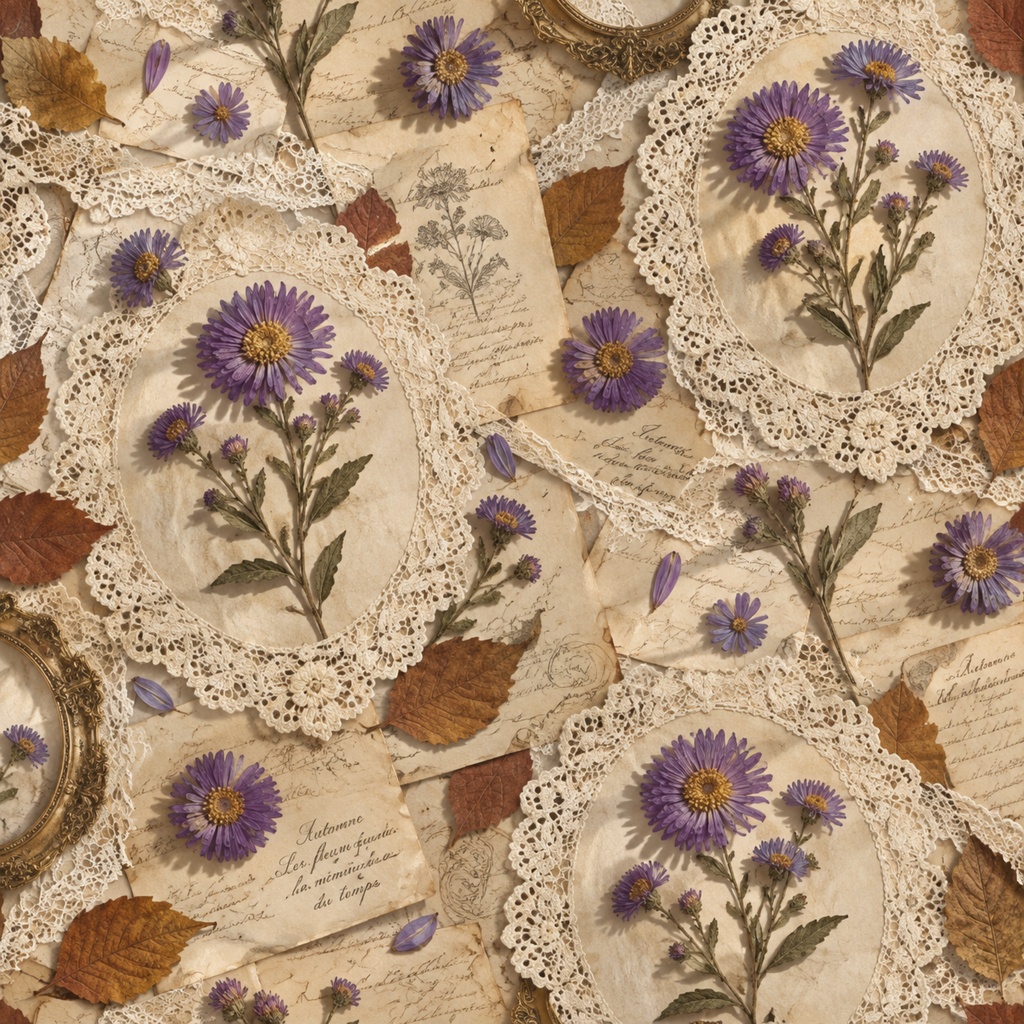 秋の花とレースフレームのアンティーク調デジタルペーパー Vintage Lace Paper Decorated with Autumn Blossoms