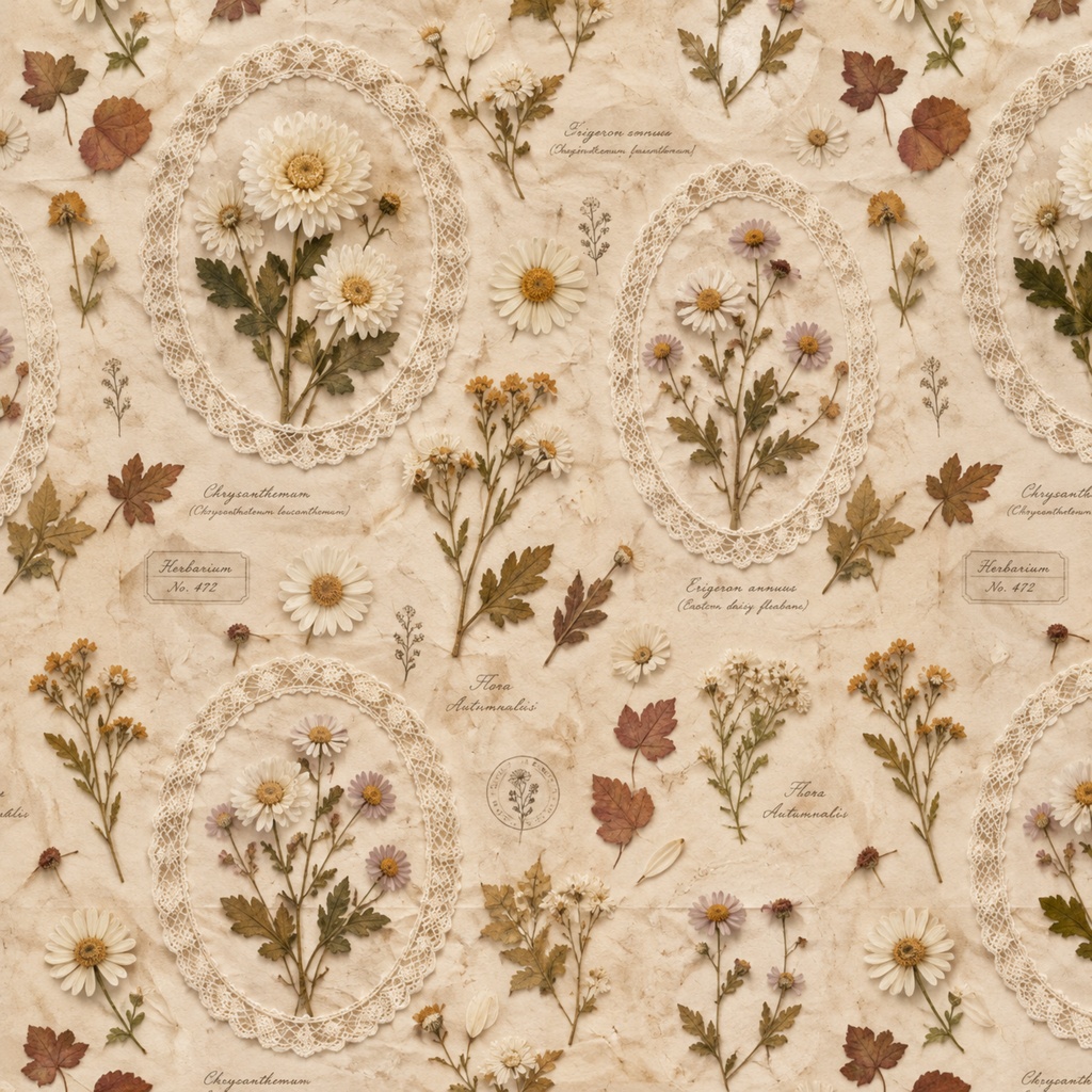 秋の花とレースフレームのアンティーク調デジタルペーパー Vintage Lace Paper Decorated with Autumn Blossoms