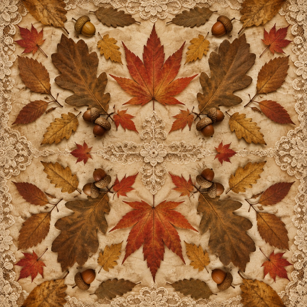 秋の花とレースフレームのアンティーク調デジタルペーパー Vintage Lace Paper Decorated with Autumn Blossoms