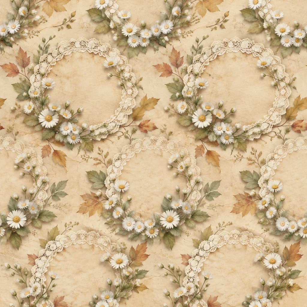 秋の花とレースフレームのアンティーク調デジタルペーパー Vintage Lace Paper Decorated with Autumn Blossoms
