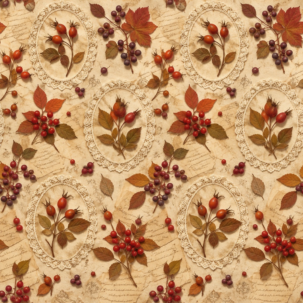 秋の花とレースフレームのアンティーク調デジタルペーパー Vintage Lace Paper Decorated with Autumn Blossoms