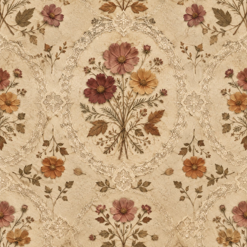 秋の花とレースフレームのアンティーク調デジタルペーパー Vintage Lace Paper Decorated with Autumn Blossoms