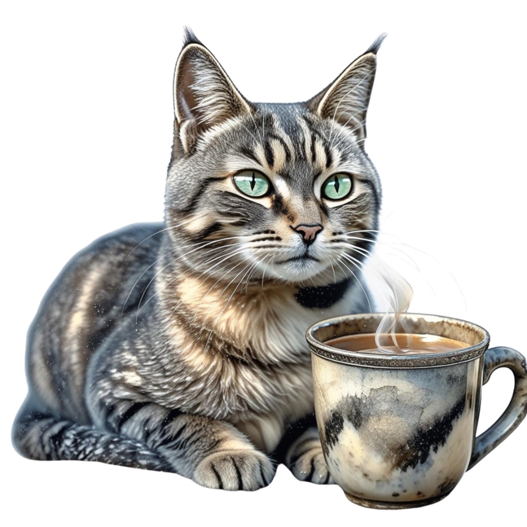 「キジトラ猫のあたたかい日々」 – 焦茶色の水彩スケッチクリップアート –