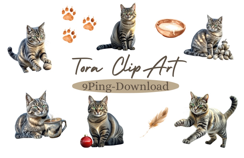 「キジトラ猫のあたたかい日々」 – 焦茶色の水彩スケッチクリップアート –