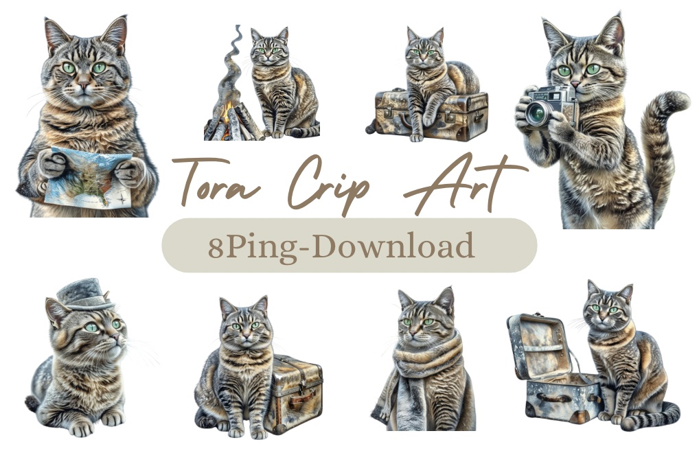 キジトラ猫のあたたかい日々2」 – 焦茶色の水彩スケッチクリップアート –