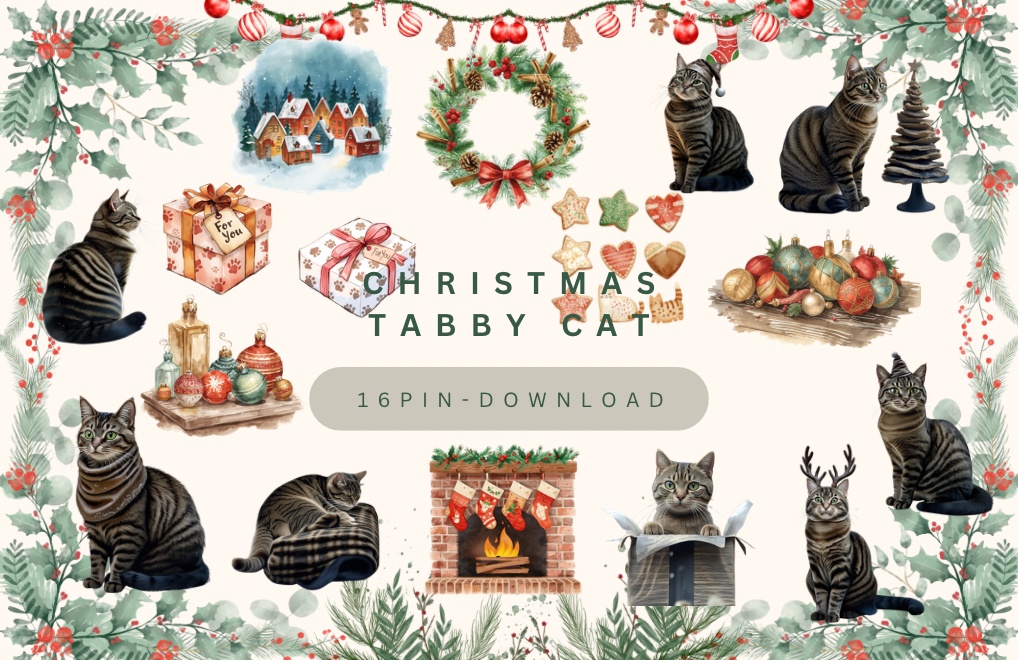 キジトラ猫トラのクリスマス水彩クリップアート集 16点セット