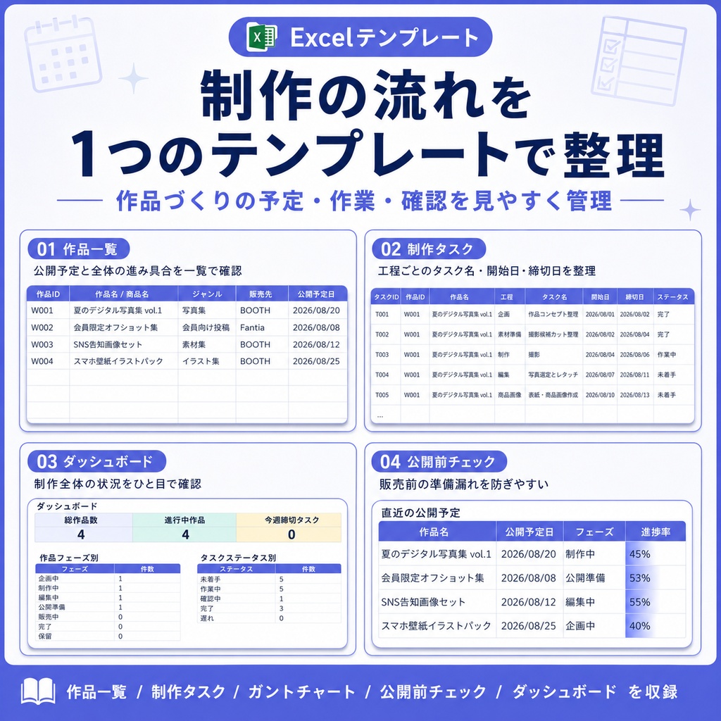作品・商品づくりの制作スケジュール管理テンプレート|クリエイター向けExcel