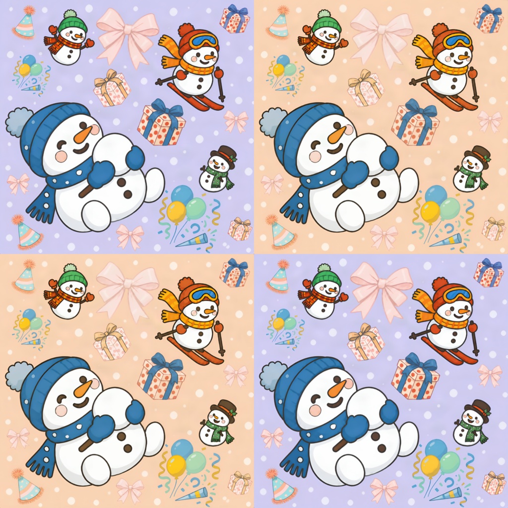 ポップな雪だるまのデジタルペーパー　4枚セット　可愛い　カラフル　プレゼント　リボン　パステル