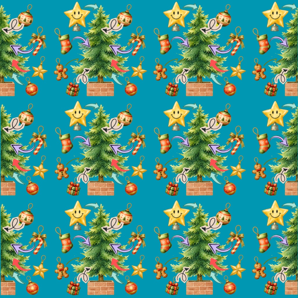 クリスマスツリーのデジタルペーパー　5枚セット　デコレーション　カラフル　ポップ　手帳素材　かわいい