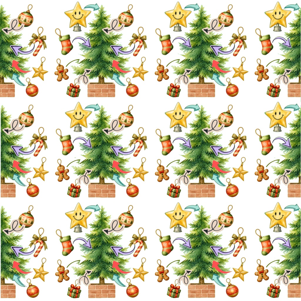クリスマスツリーのデジタルペーパー　5枚セット　デコレーション　ポップ　カラフル　手帳素材　かわいい