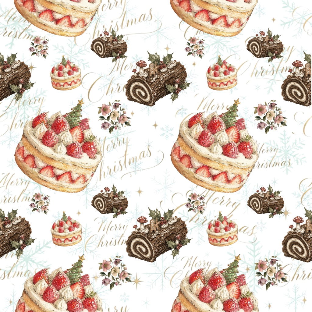 クリスマスケーキのデジタルペーパー　5枚セット　ショートケーキ　ブッシュドノエル　クリスマスローズ　メリークリスマス　雪の結晶　手帳素材　ラッピング　おしゃれ　スイーツ
