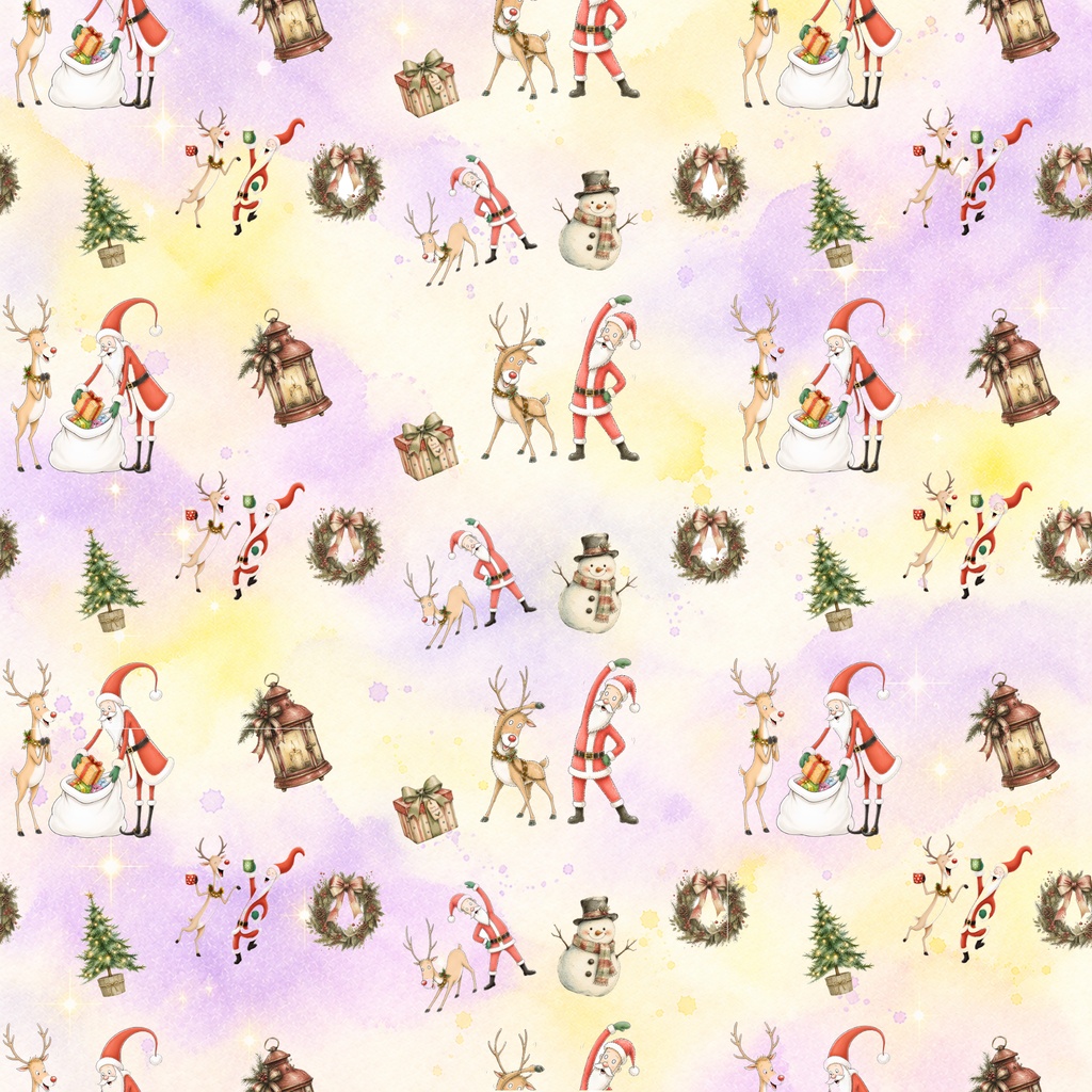 仲良しサンタさんとトナカイ君のデジタルペーパー　6枚セット　クリスマス　ツリー　リース　プレゼント　ランタン　水彩画　カラフル　ポップ　かわいい　手帳素材　ラッピング　個性的