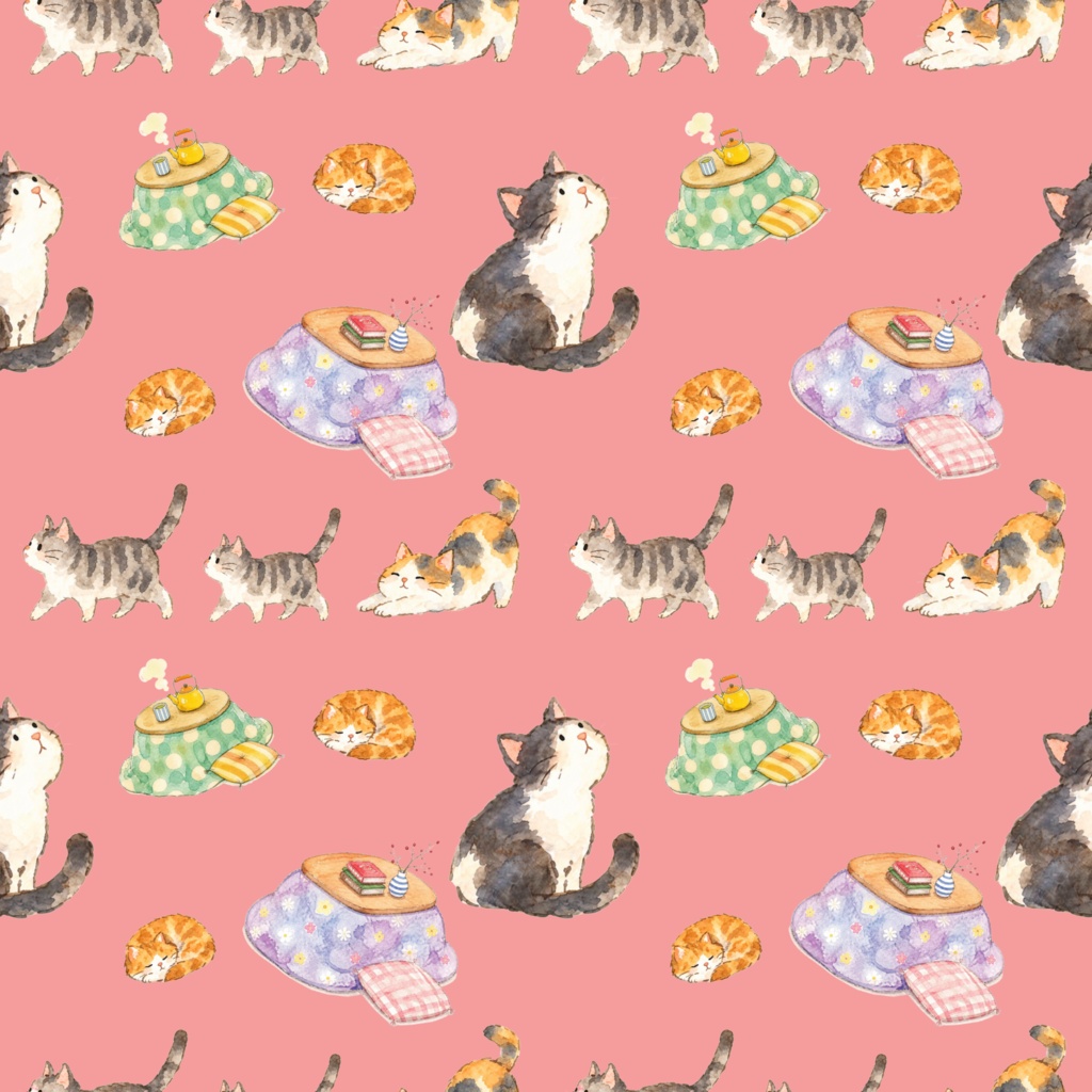 日本の冬のデジタルペーパー　7枚セット　猫　こたつ　みかん　パステルカラー　和風　大人かわいい　お正月
