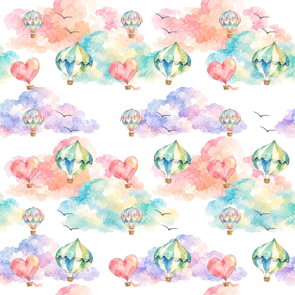 かわいい気球のデジタルペーパー　7枚セット　パステルカラー　わたがし　雲　カラフル　おしゃれ　ハート　ラッピング　手帳素材　