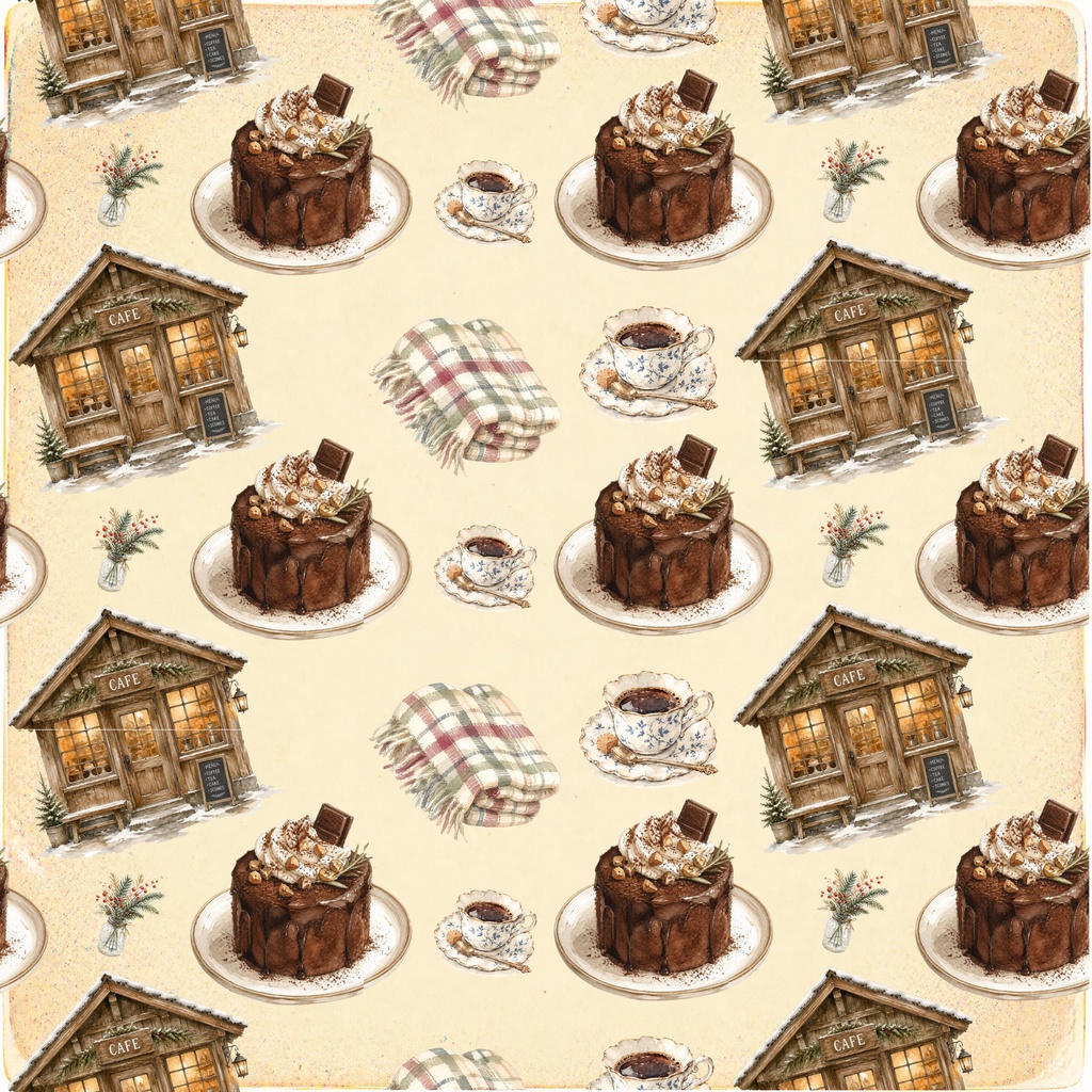 冬のカフェのデジタルペーパー 6枚セット チョコレートケーキ ブレンドコーヒー ひざかけ パステルカラー 大人かわいい レトロ 古紙 おしゃれ ラッピング 手帳素材