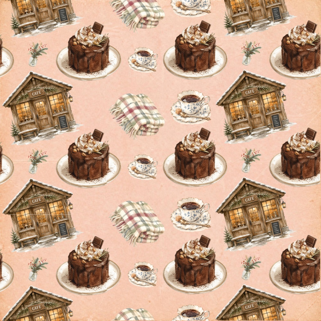 冬のカフェのデジタルペーパー 6枚セット チョコレートケーキ ブレンドコーヒー ひざかけ パステルカラー 大人かわいい レトロ 古紙 おしゃれ ラッピング 手帳素材